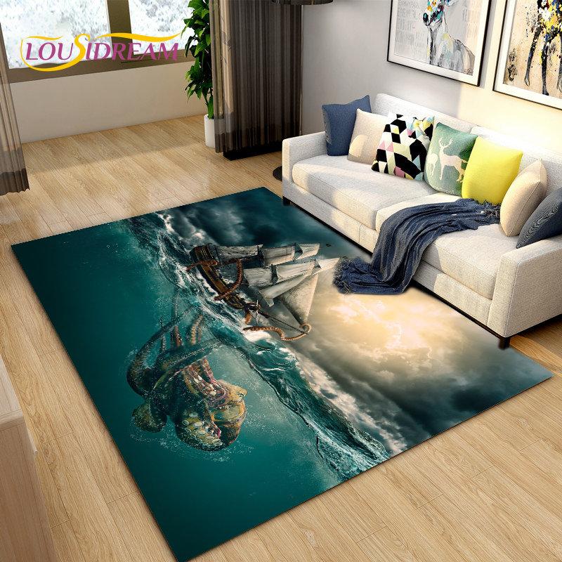 Sea Monster, Boat Ship Barque Area Rug Large,Carpets Rug for Living Bedroom Sofa Doormat Decoration,Kids Play Floor Mat