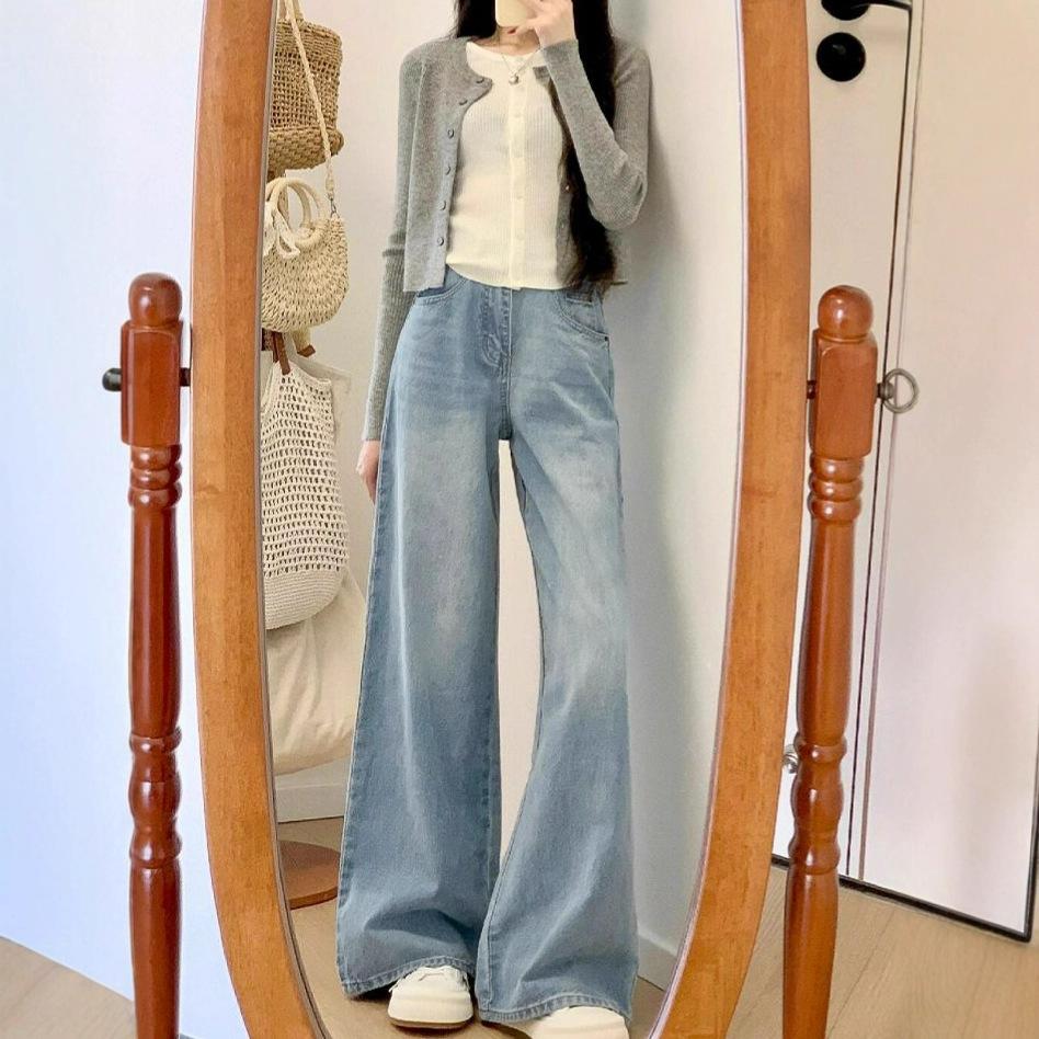 Light Blue Loose Straight Wide-leg Jeans Women Fall High Waist Thin Fashion Versatile Drape Drag Pants Retro Street Style Baggy Long Jeans for Ladies