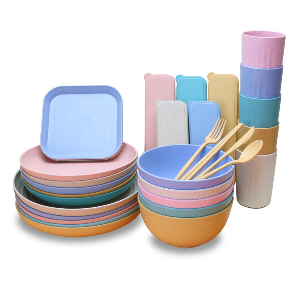 63pcs Wheat Straw Cutlery Set Household Portable Knife Fork Spoon Chopsticks Bowl Plate Dish Tableware