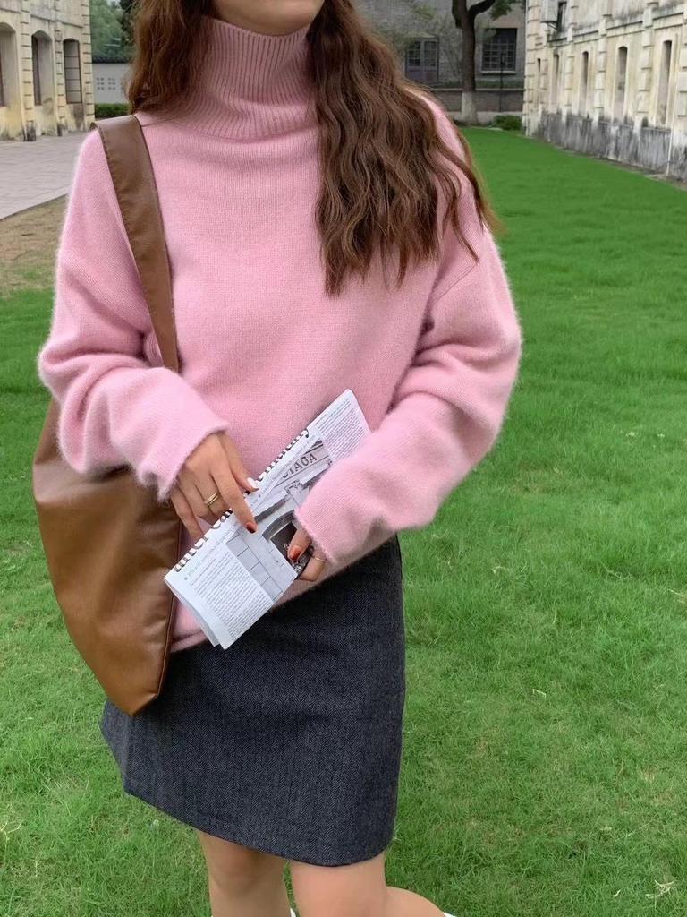 Dámský luxusní svetr z čisté vlny s vysokým límcem v evropském stylu: Podzim/Zima Měkký, Zesílený, S rolovaným okrajem, Volný střih.