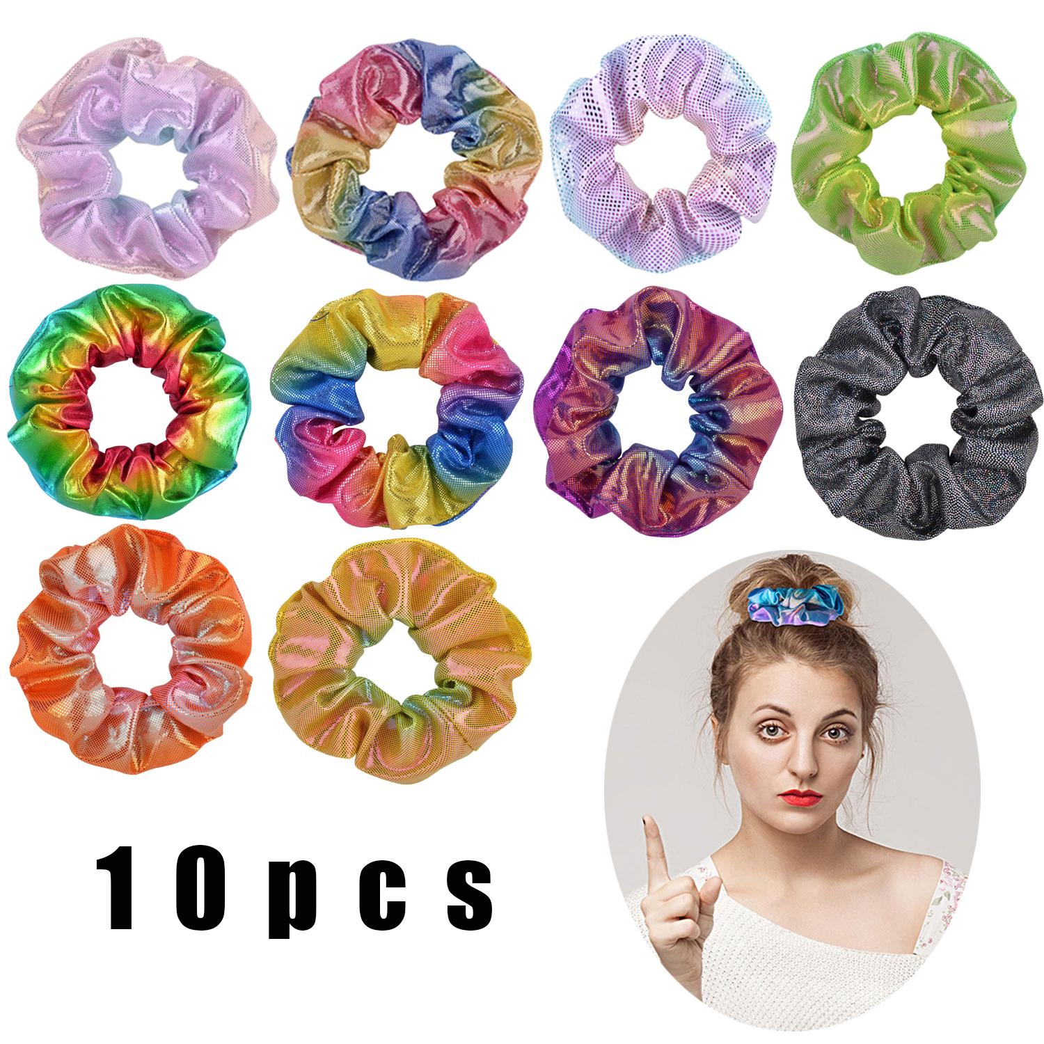 

10 Pcs Set of Laser Fabric Hair Rings With Gold Stamping and Dual Color Gradient Pig Large Intestine Ring Flower Heads