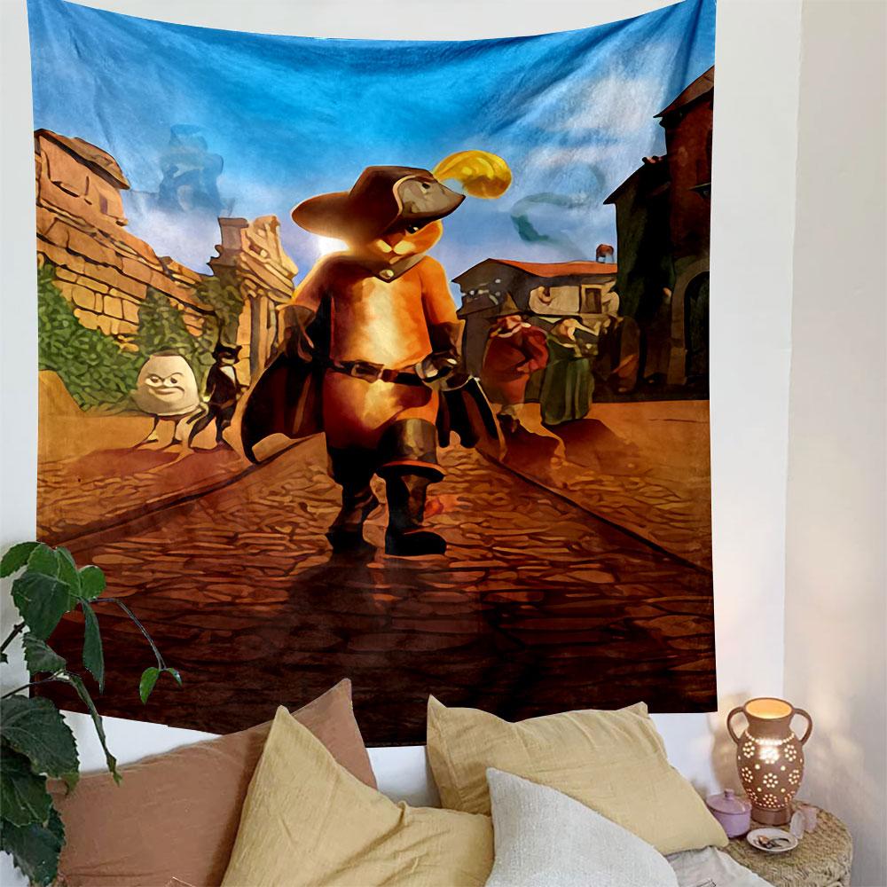 Puss in Boots Tapestry Wall Hanging, DreamWorks Swashbuckling Cat Character Art, Fun Cartoon Wall Decor for Kids Bedroom Game Room