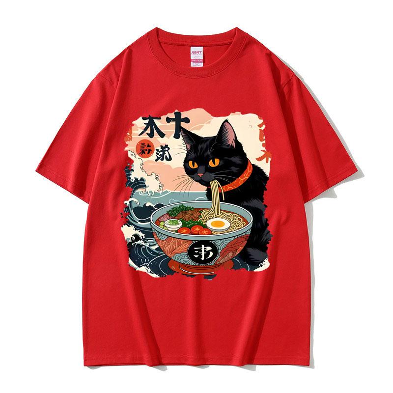 2025 Sommer Lustige Anime Ramen Katze Meme Vintage Japanisch Kawaii Nudelkatzen Grafik T-Shirts Herren Damen 100% Reine Baumwolle T-Shirt