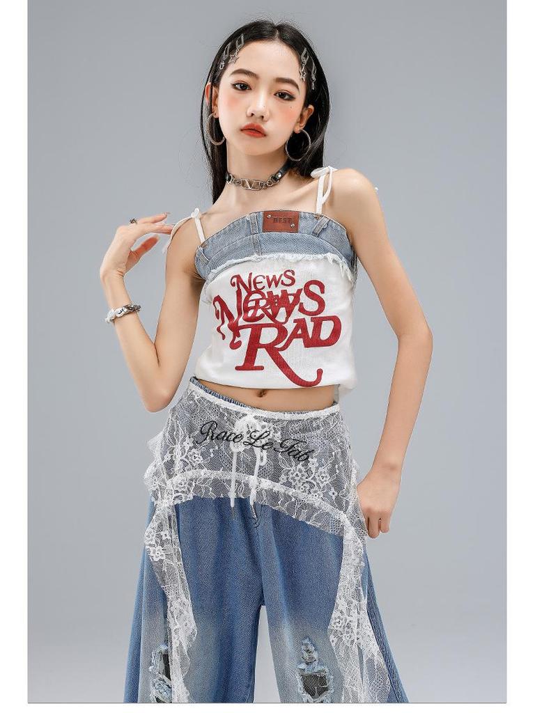 Kostium do tańca jazzowego w stylu koreańskim dla dziewcząt - Dziecięce podarte dżinsy na letni występ.