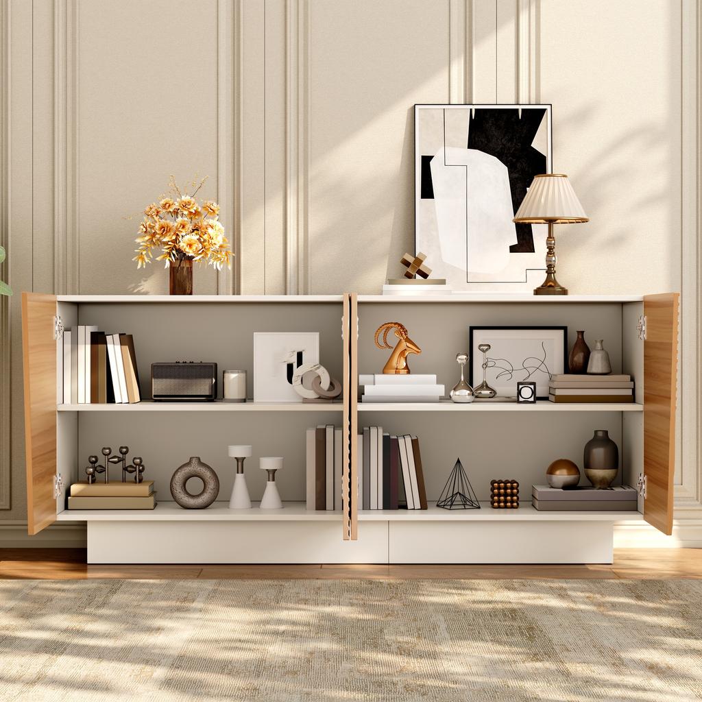 Sideboard, Living Room Cabinet, Geometric Groove Structure, 4 Doors, 2 Separate Storage Spaces, Height-Adjustable Shelves