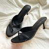 Soft Leather Version~ Retro High-heeled Toe Cool Slippers Flip-flops Women's Outer Wear with Skirt Simple Temperament Stiletto Sandals