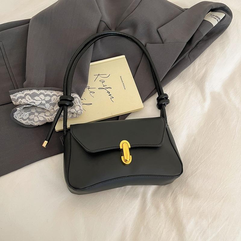 French Elegance Solid Color Shoulder Bags for Women Simple Lock Design Textured Ladies Crossbody Bag Versatile Female Pu Handbag