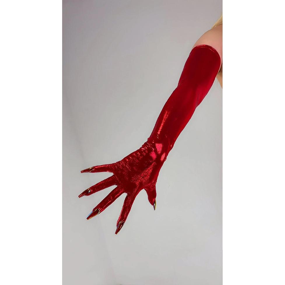 HOLOGRAPHIC Laser NAIL GLOVES Metallic Shiny Blue Touchscreen 70CM Long TECH Thin Elastic Holo Evening Party Glove with Nails