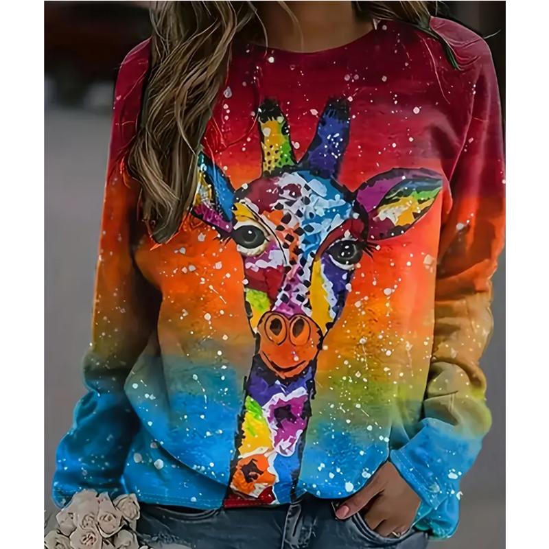 2025 Autumn & Winter Women's New Casual Crew Neck Long Sleeve Top 3D Animal Pattern