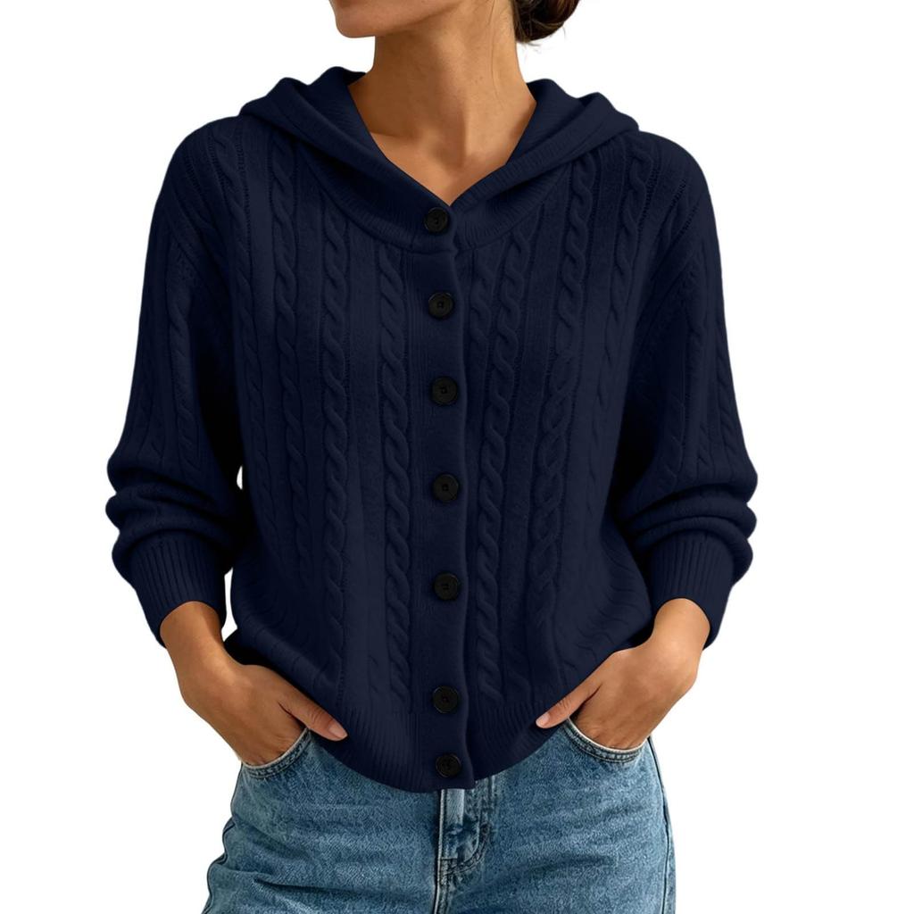 Cardigan da donna con cappuccio in maglia a trecce colorato con chiusura a bottoni per autunno inverno