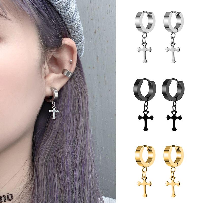1pc Mode Coréenne Acier Inoxydable Boucles d'Oreilles Pendantes Croix Forme Spéciale Femme Boucle d'Oreille Punk Rock Piercing Créoles Zircon