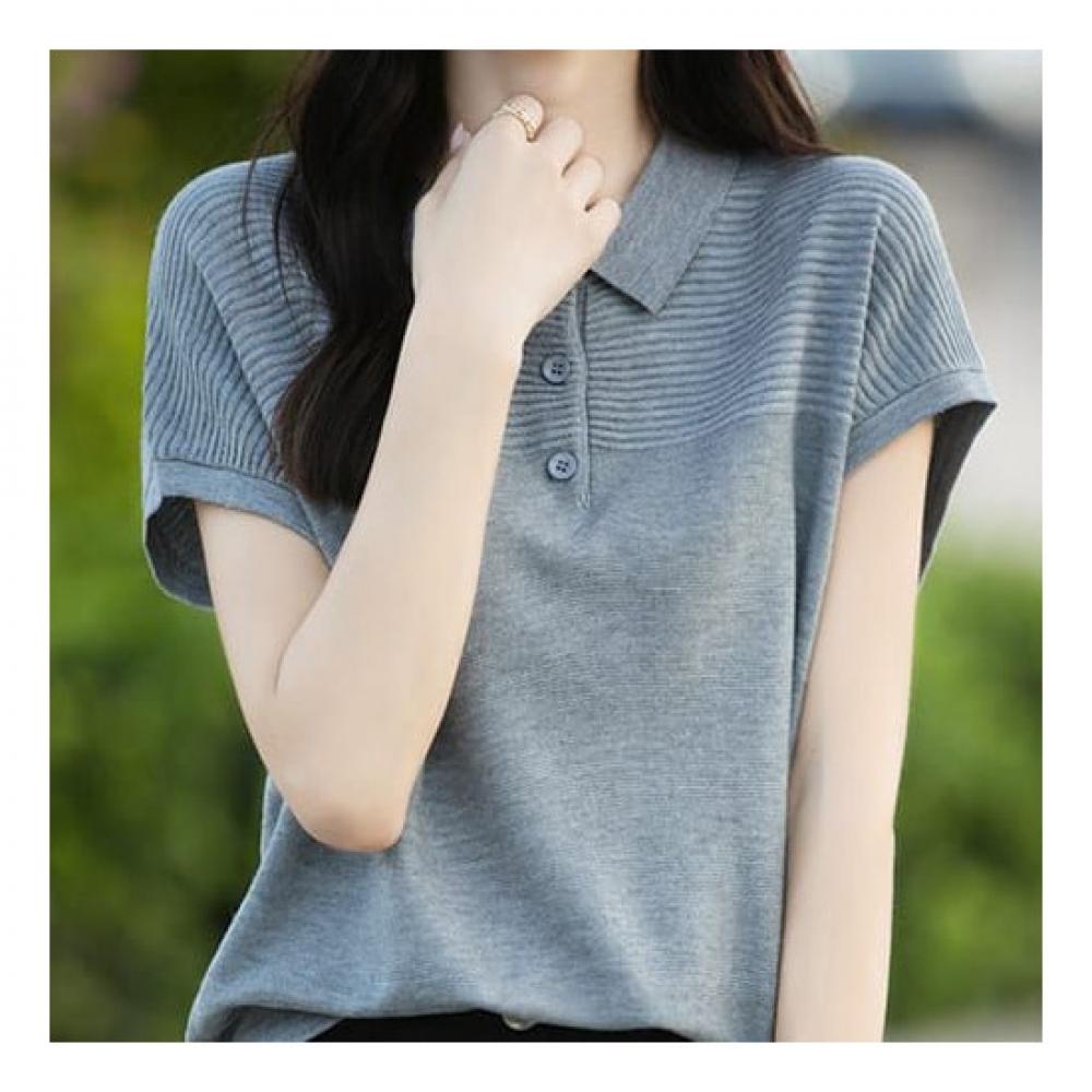 Navava Women Simple Rib Cap Sleeve Collar KniT T shirT Nk2212