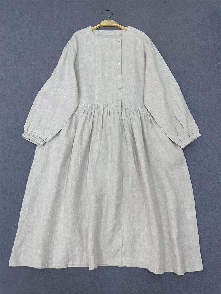 Johnature Spring Autumn Round Neck Ruffled Dress For Women Loose Casual Vintage Dress For Women