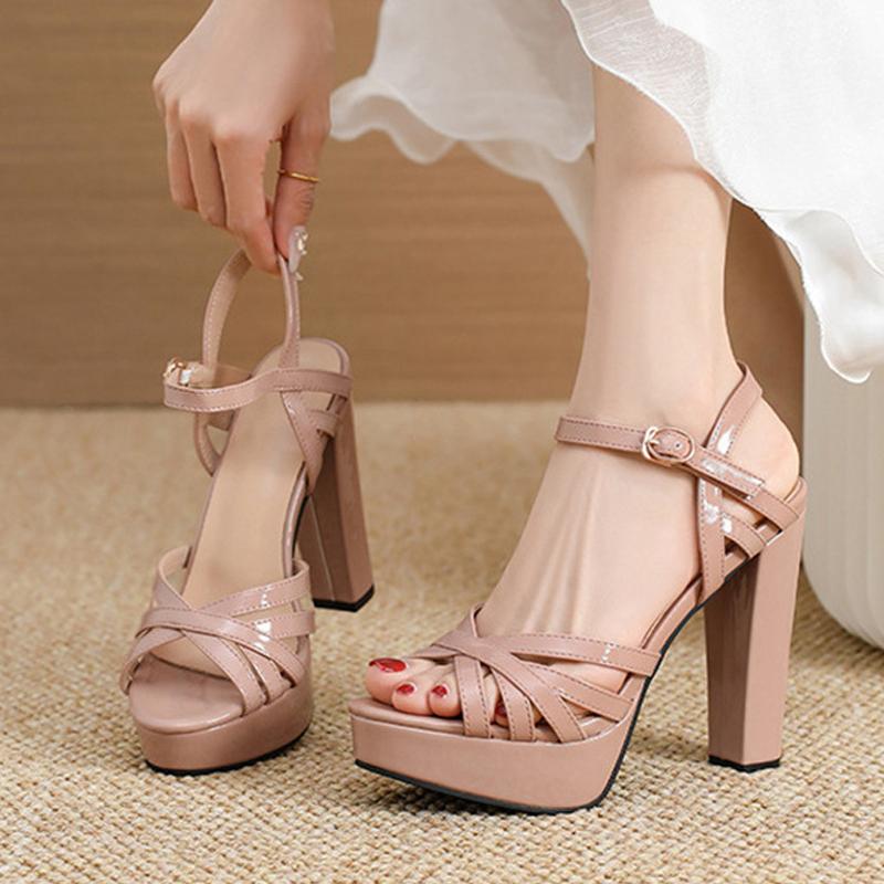 Fashion Liyke Black Apricot Patent Leather Narrow Band Peep Toe Chunky Platform Sandals Women Thick High Heels Runway Party Dress Shoes