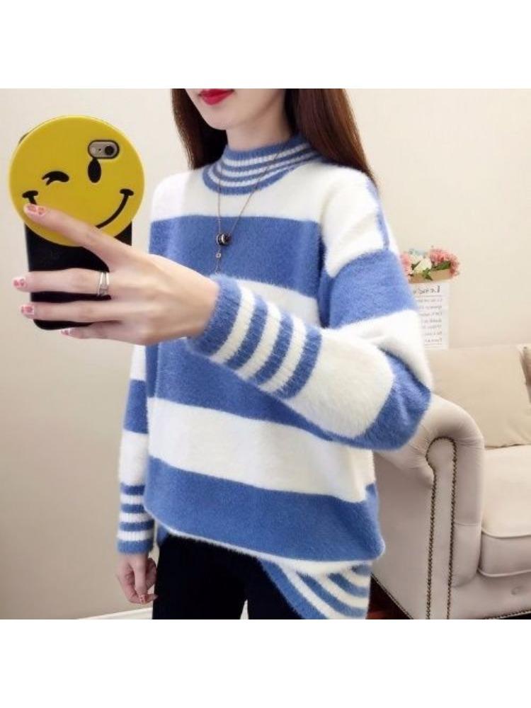 Autumn and Winter Imitation Mink Semi-turtleneck Velvet Thickened Warm Pullover Sweater Women's Loose Striped Bottoming Shirt