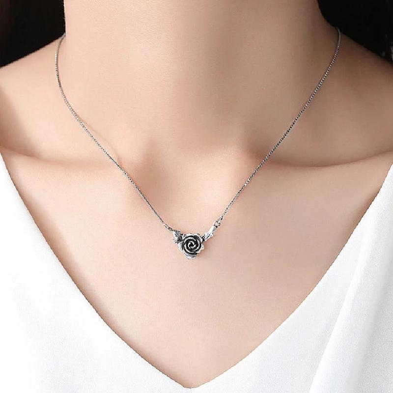

FOXANRY ожерелье для женщин, модное, элегантное, винтажное, старый дизайн, цветок розы, тайская вечеринка, ювелирное изделие, подарок 21cm-50cm серебряный