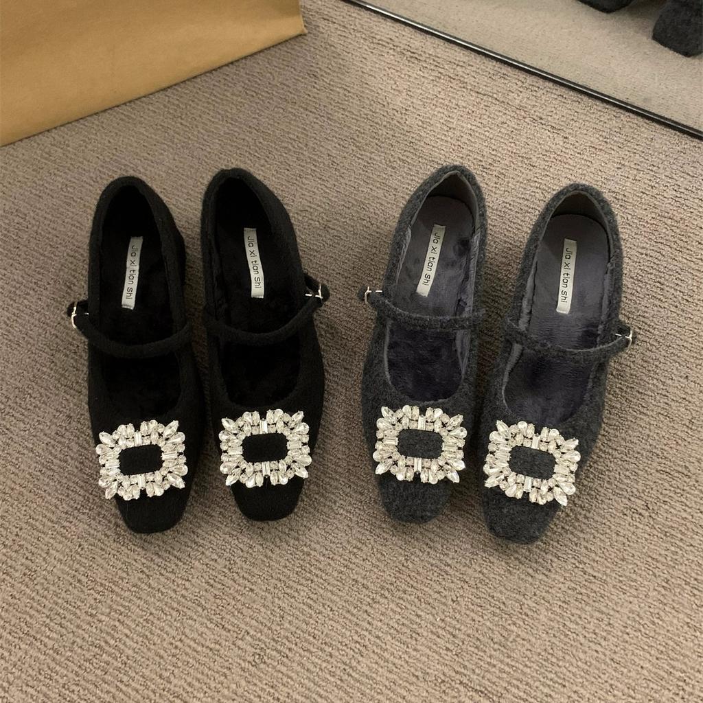 French velvet gray Mary Jane fluffy shoes women's shoes 2025 autumn and winter temperament high heel square head rhinestone shoes