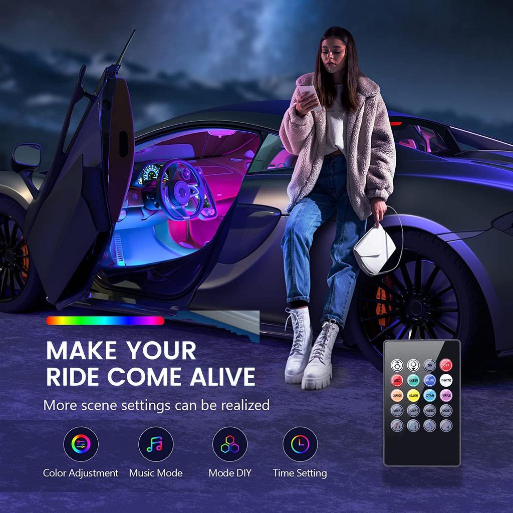 SUPER COCHE Kit de Tira de Luz LED para Coche con Activación por Sonido y Kit de Luz Ambiental de Neón CC Inalámbrico EJ's 4 Piezas 48-LED Mando a Distancia, 12V, Multicolor, Música,