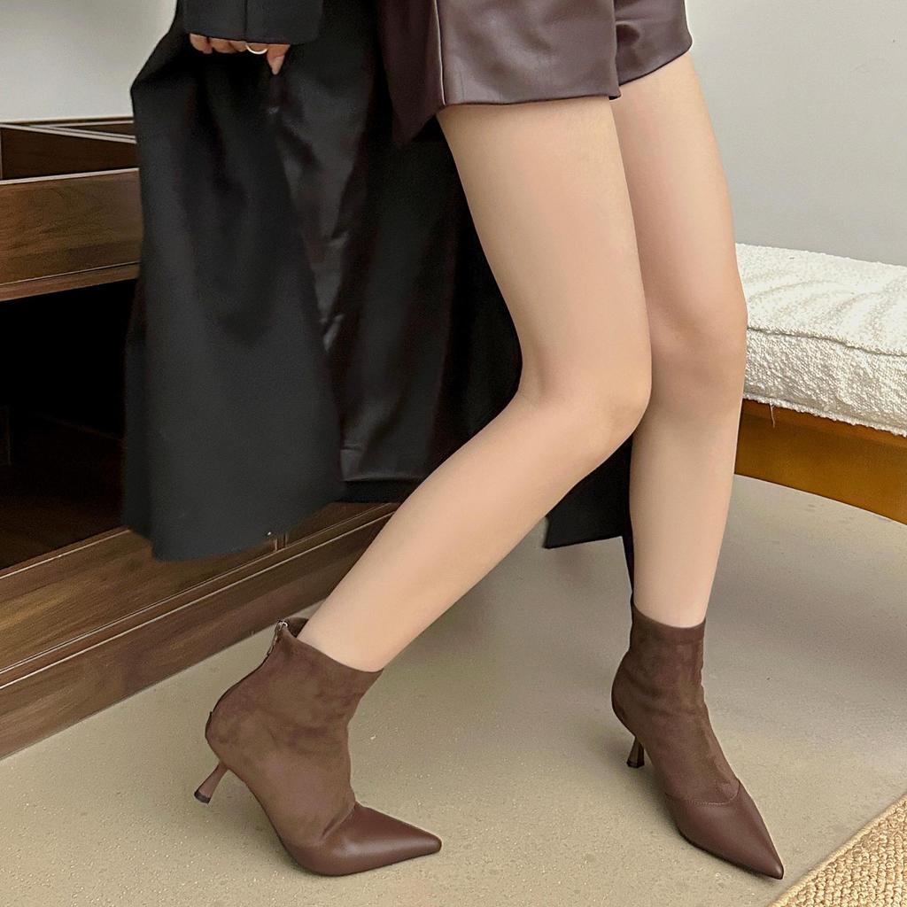 2025 new pointed high heel suede splicing zipper low tube thin fashion Chelsea Martin boots women