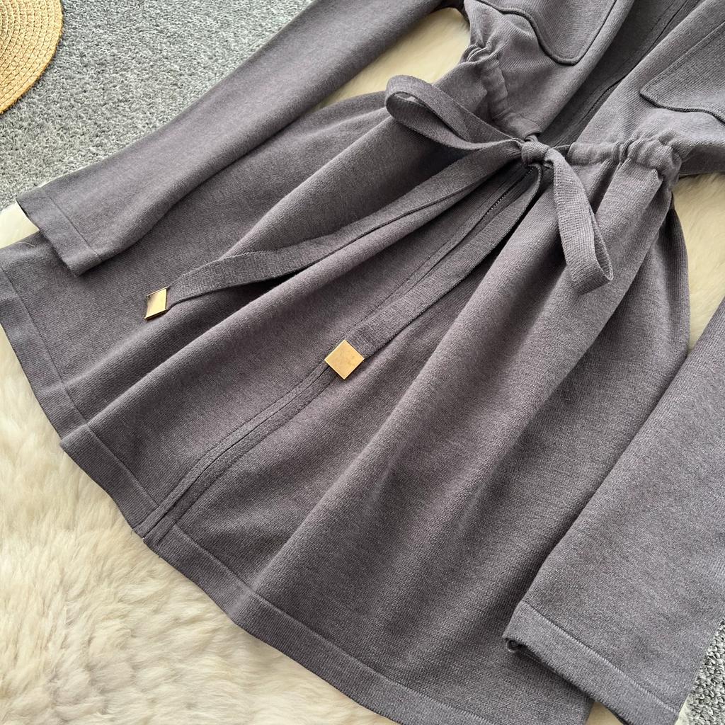 2026 Fall/Winter Lace-Up Casual Stand Collar Knitted Cardigan and High-Waisted Wide-Leg Pants Knitted Two-Piece Set for Women Tracksuit Women