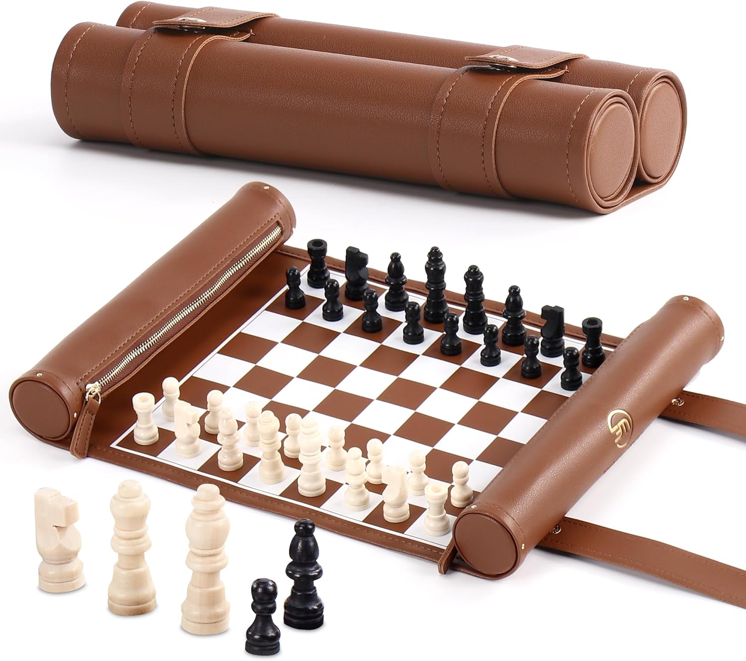 

Сворачивающийся шахматный набор - 11 Складной кожаный шахматный мат с деревянными фигурами - Портативная дорожная шахматная игра - Зеленый коричневый