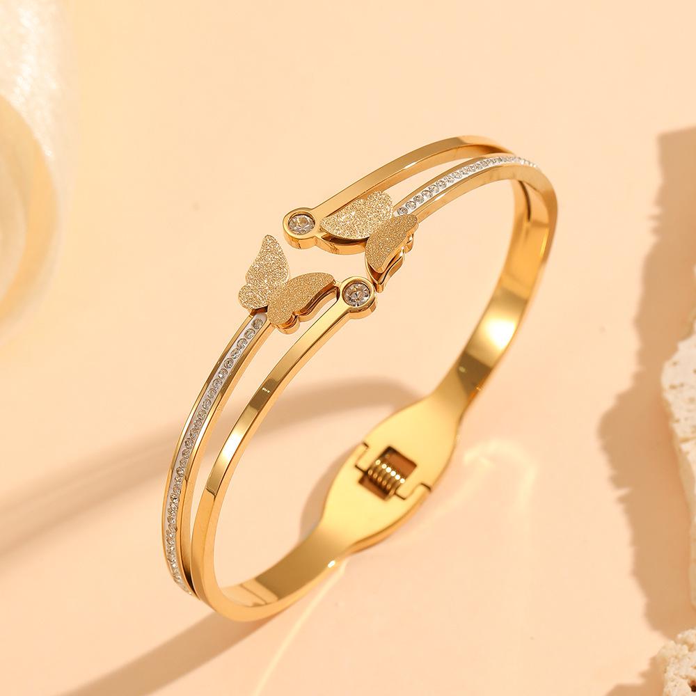 Titanium Steel Gold Butterfly Bracelet: Versatile, Light Luxury Double-Layer with Diamonds for Women.