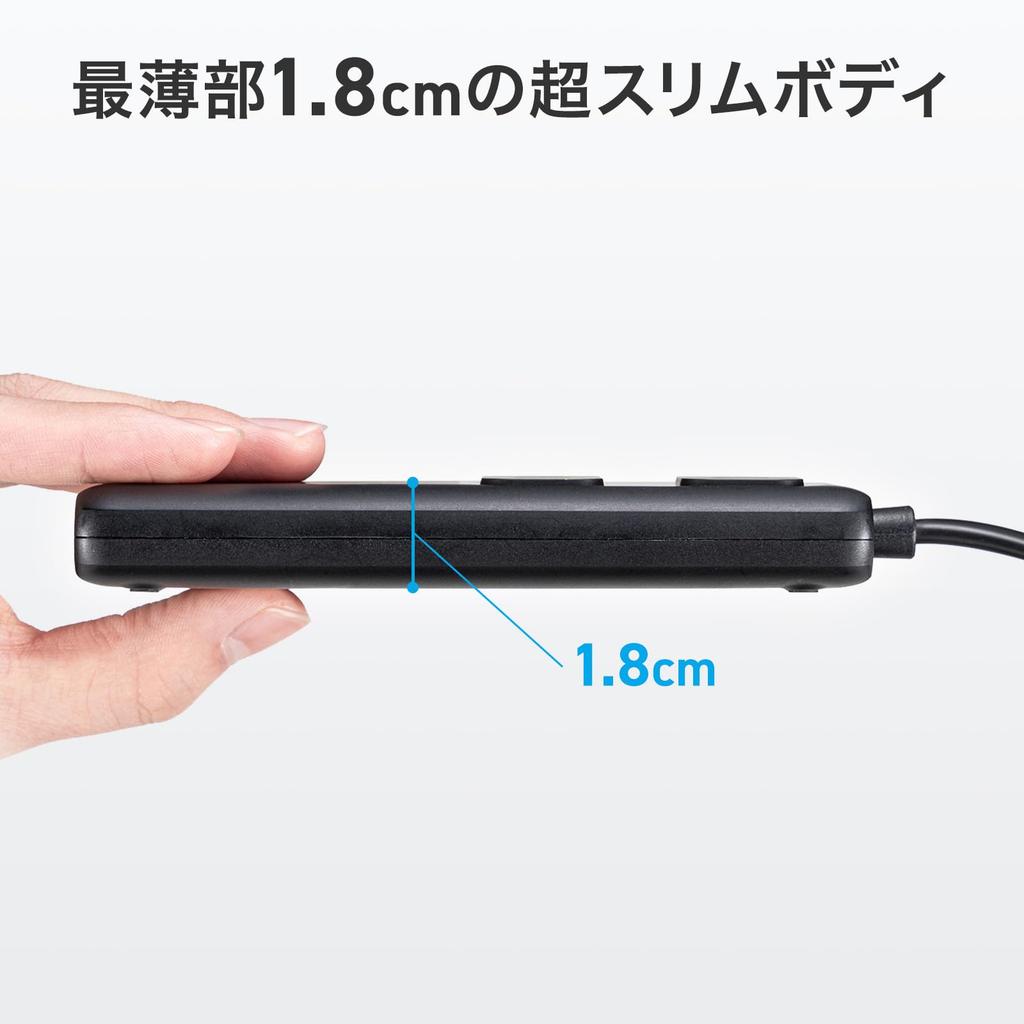 Sanwa Supply USB PD 100W GaN Slim Power Strip with 2 AC Outlets, 2 x USB-C, 1 x USB-A, Fast Charging for Laptops and Smartphones, Slim 18mm L-shaped P