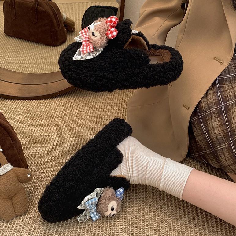Fashion, lightweight and cute cartoon thick-soled fluffy slippers for women to wear winter velvet bag head slippers