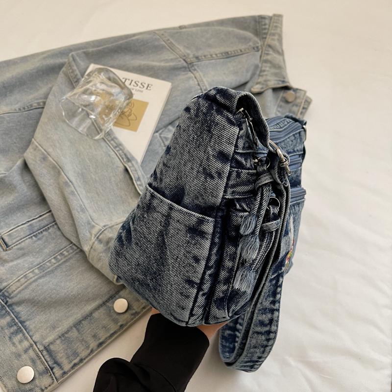 Multi-layer Denim Bag Vintage Shoulder Bag Women's Embroidered Crossbody Bag