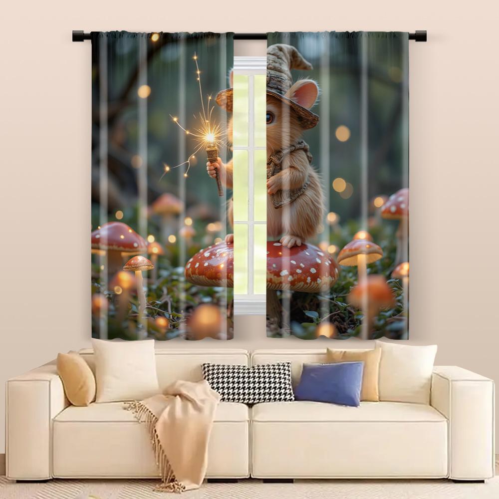 2 pcs, filtering curtains (excluding rods, non-movable, without batteries) Mouse on a Mushroom for use in bedrooms and living