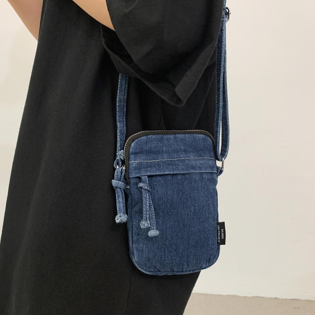 Japanese denim mobile phone bag zipper small bag casual retro shoulder messenger bag bag female