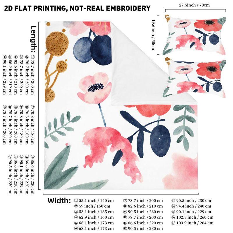 3-Piece Bedding Pillowcase Quilt Cover Set Watercolor Style Floral 2D Digital Printing Suitable For Bedroom Dormitory Decoration