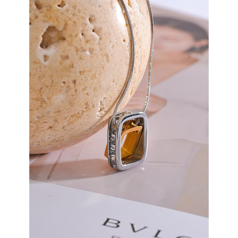 Yhpup 316l Stainless Steel Square Hollow Double Layered Overlay Pendant Necklace Cubic Zirconia Unisex lovers Jewelry Men Women