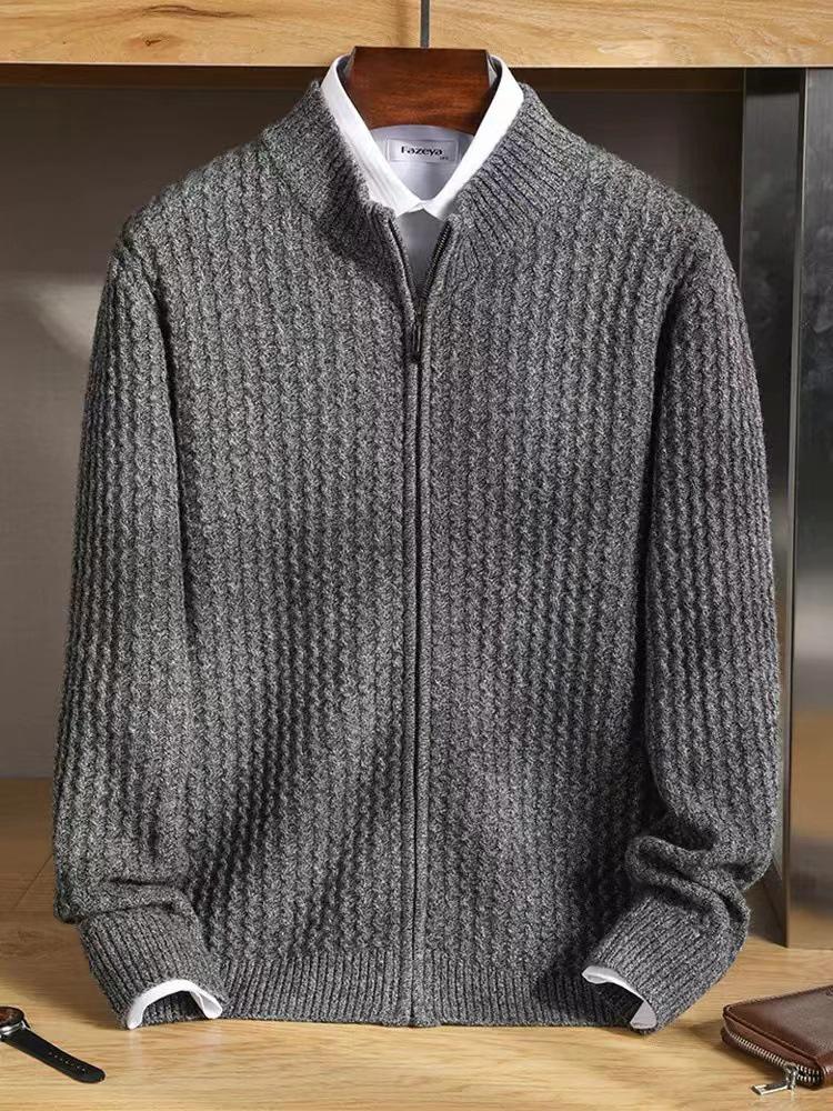 Men's Thickened Wool Knit Cardigan with Stand Collar Zipper Sweater
