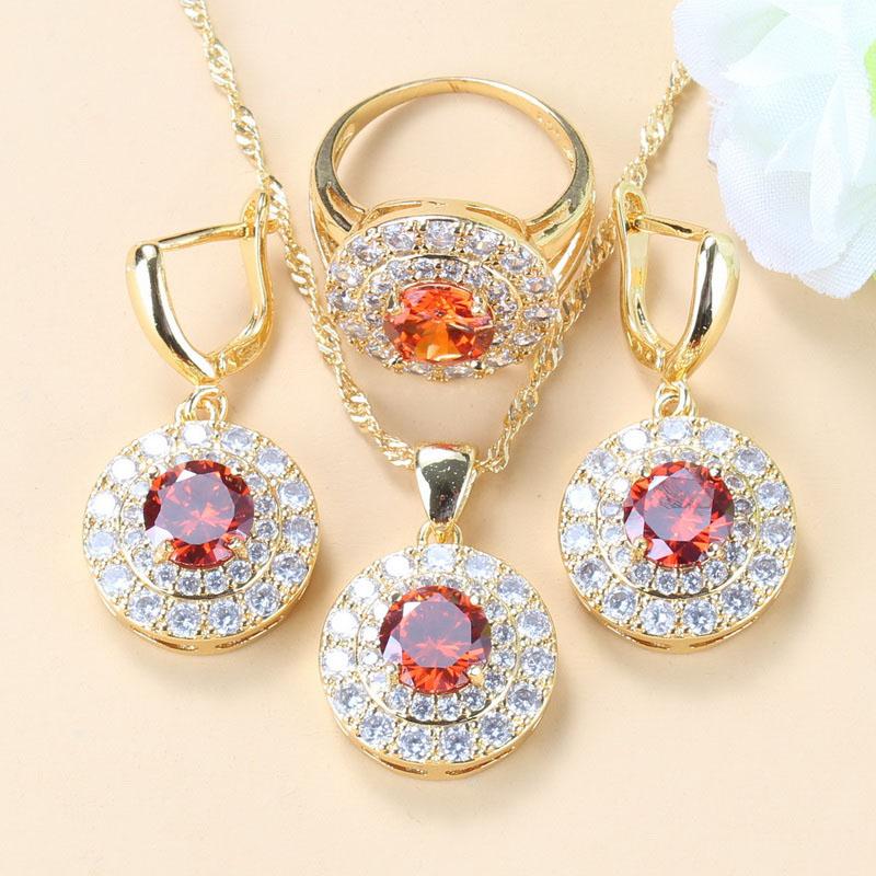 Simple Round Bridal Four-Piece Suit White Zircon Crystal Gold Color Women Jewelry Sets Dangle Earrings/Bracelet/Ring 6-Colors