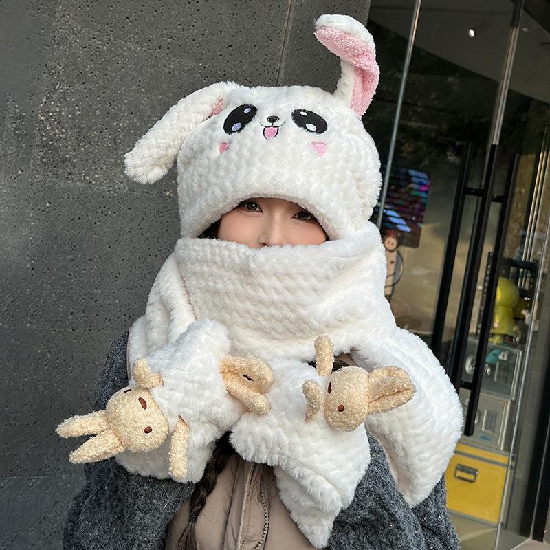 Scarf integrated rabbit ears moving hat autumn and winter new plush thickened women's plush scarf three-piece set