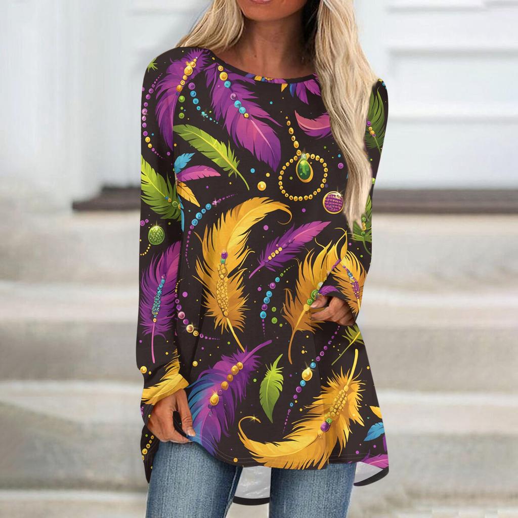 Women's Fashionable Round Neck Raglan Long Sleeved Carnival Printed Casual Pullover Top