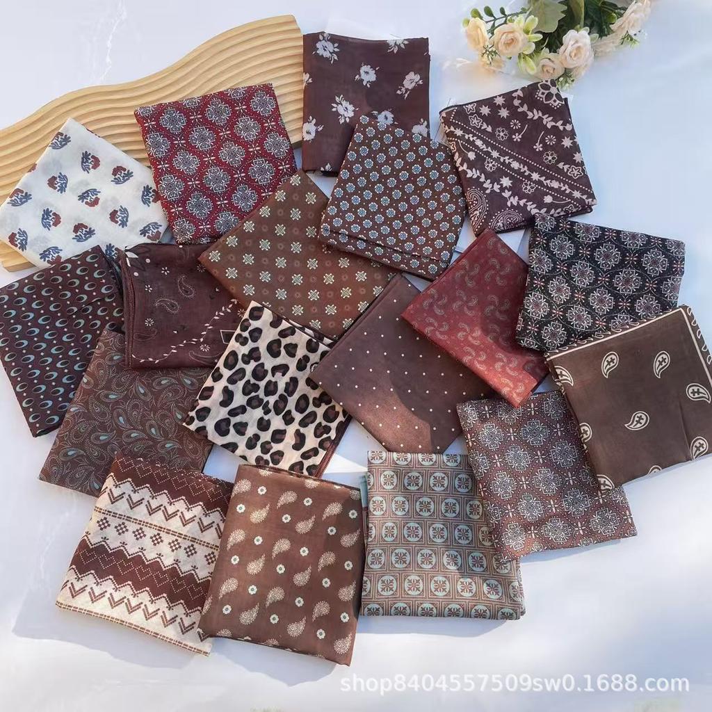 Ethnic Style Cotton Linen Paisley Silk Scarf - Retro Coffee Color Square for Women