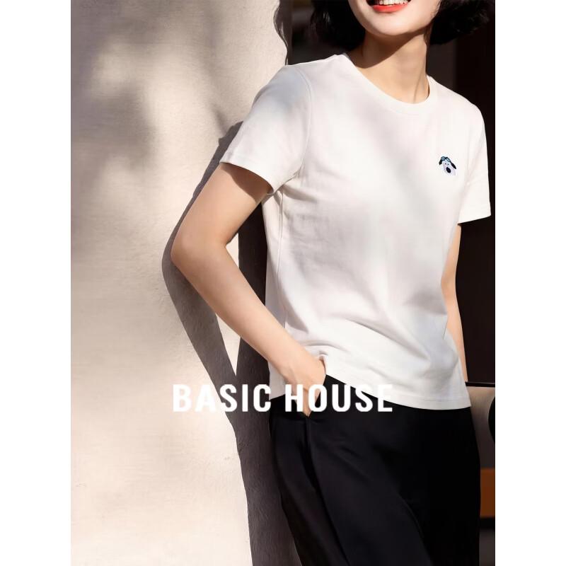 Basic House Women s Embroidered Cotton Blend Loose Fit Round Neck Short Sleeve T-Shirt One Size