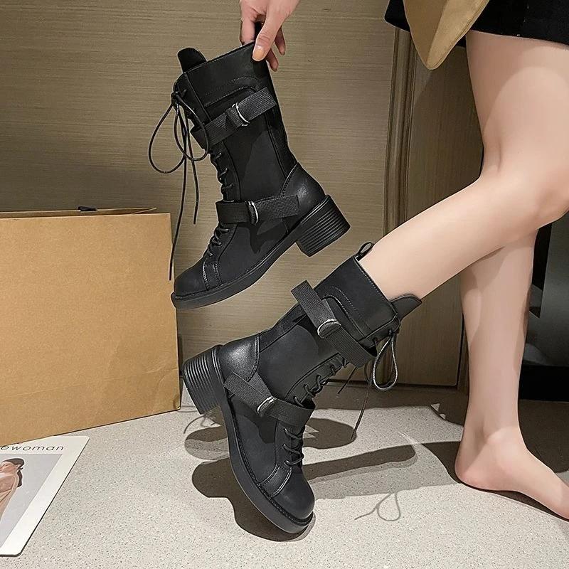 Fashion Spring Autumn Retro Middle Heel Ladies Mid Calf Shoes New Rock Goth Demi-season Comfortable and Elegant Women's Half High Boots