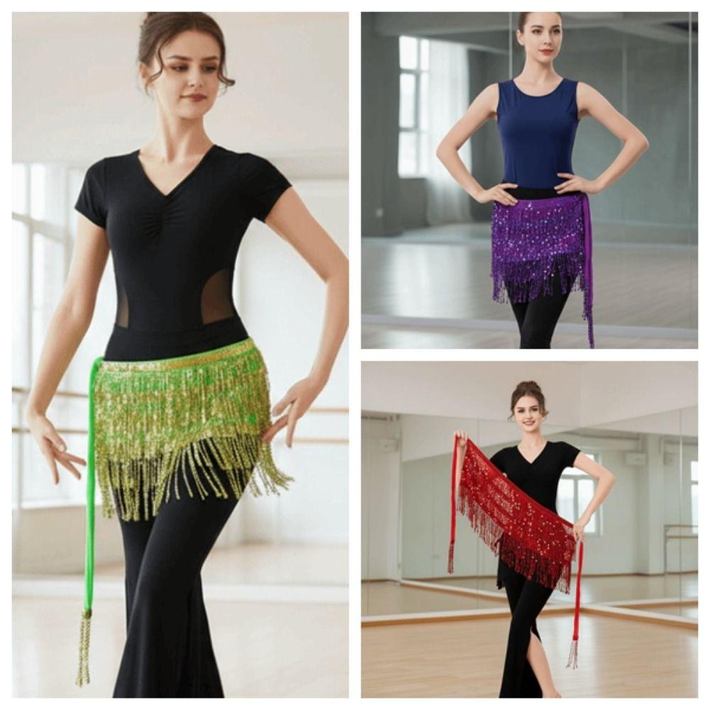 Shiny Sequin Hipscarf 4-Row Dance Wrap-skirt Fringe Hipwrap Belly Dance Belt  Dancer