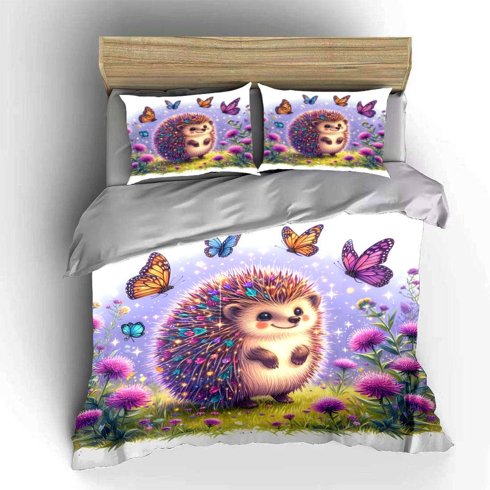 Hedgehog and Butterflies Nature Illustration Exquisite three-piece bedding set gift for kids and adults