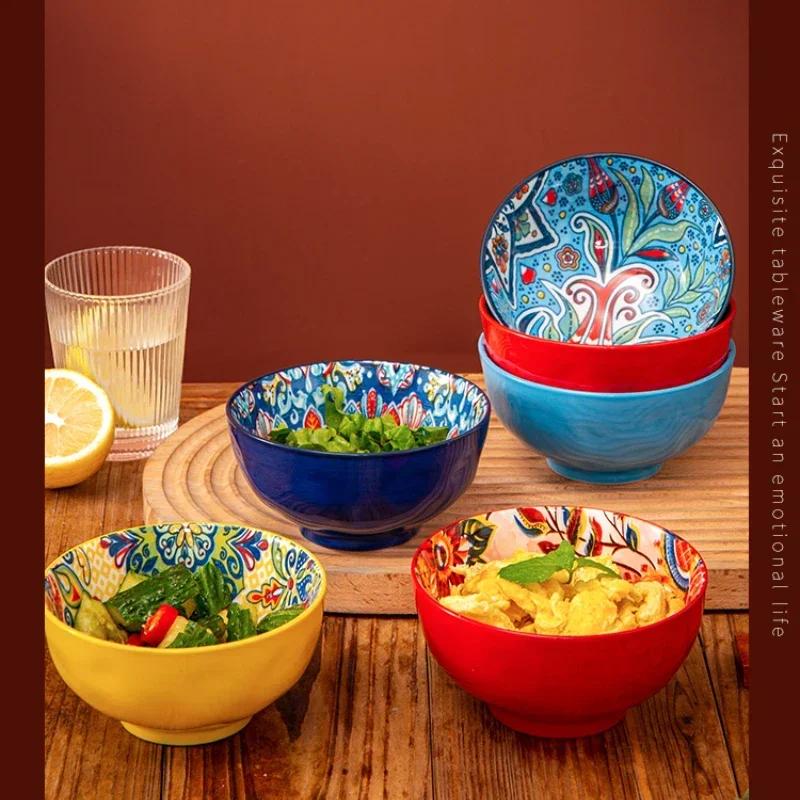 Bohemian Rice Bowl Home Creative Personality Ceramic Bowl High Appearance Level Retro Noodle Bowl Eating Rice Small Bowl