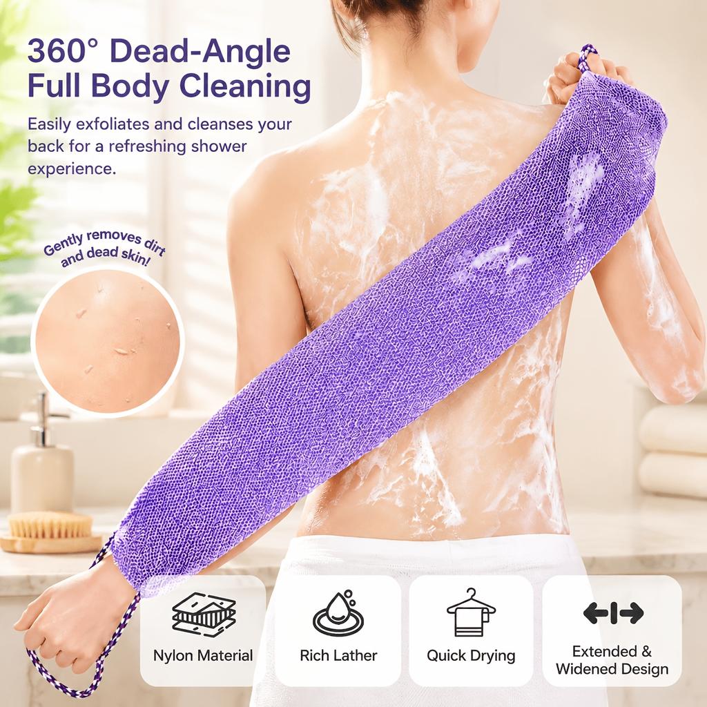 2 Pc Long Handle Mesh Bath Back Scrubber Towel and Lather Net, Rough Surface Exfoliating Body and Back Cleaning Set