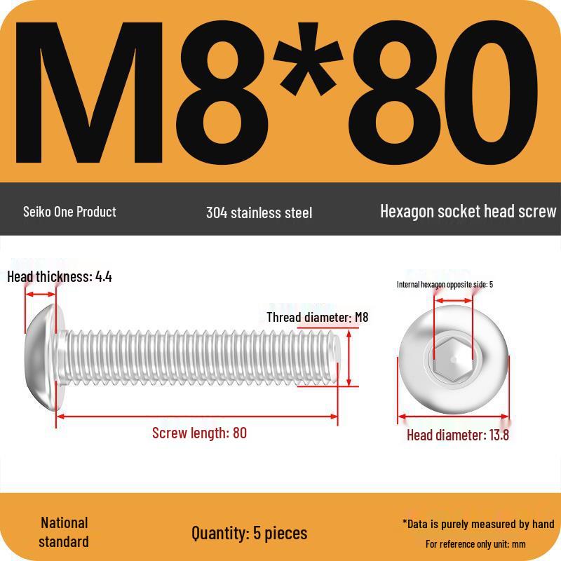 304 Stainless Steel Pan, Half, and Round Head Hexagon Screws (M2-M12)
