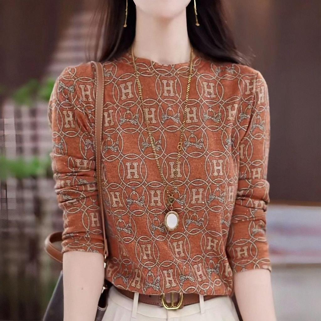 Elegant Round Neck Long Sleeve Printed Top for Middle-Aged Women - Autumn/Winter Warm, Age-Reducing Belly Cover Design
