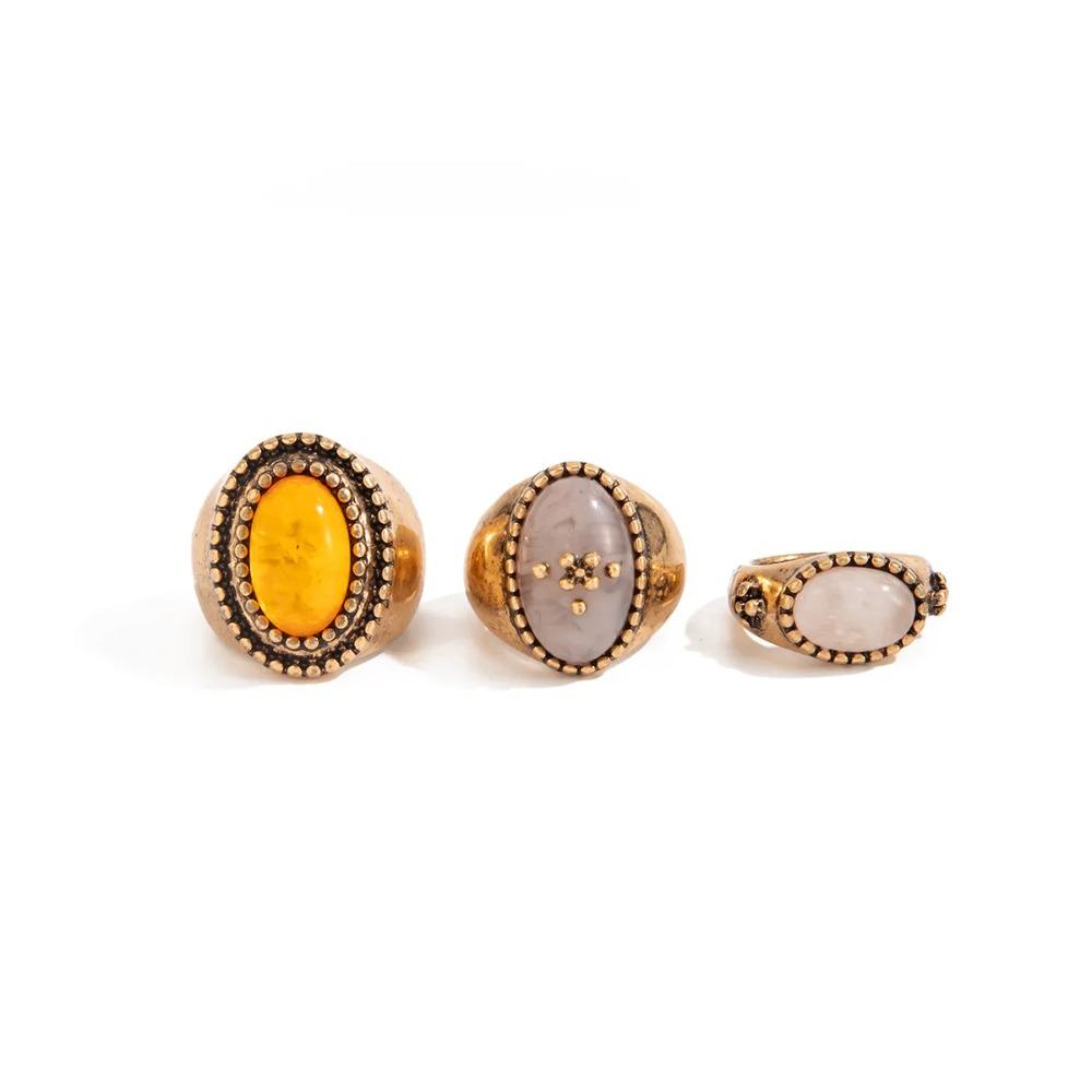 3 Pcs/set Vintage Oval Resin Finger Rings for Women Punk Geometric Gold Color Metal Ring Aesthetic Couples Jewelry Gifts