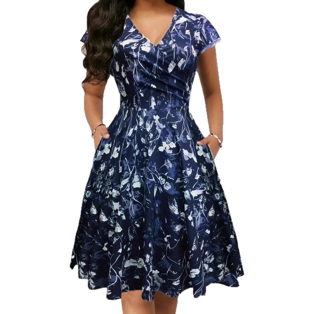 Women Dress Summer Round Neck Pocket Short-sleeved Popular Printed Long Skirt Elegant Dress
