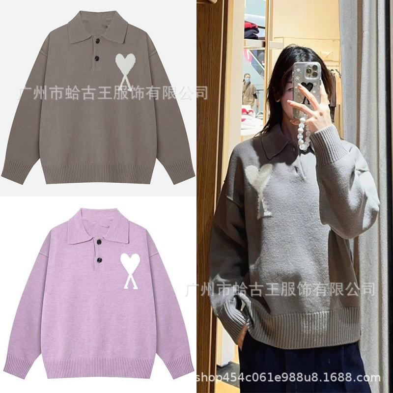 Unisex Cotton Blend Knit Sweater With Heart Jacquard Loose Fit Long Sleeve