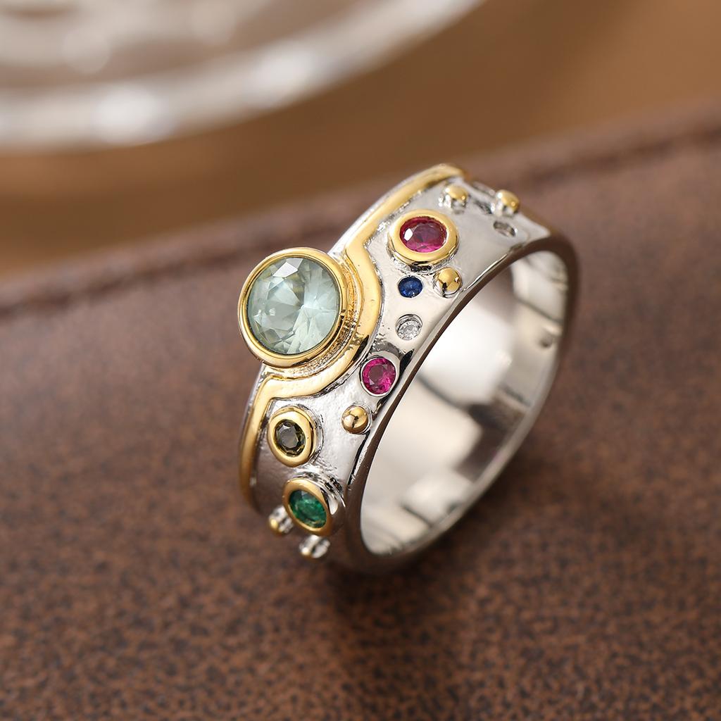 Vintage colored faux gemstone ring copper ladies fashion two-color luxury fashion ring jewelry gift
